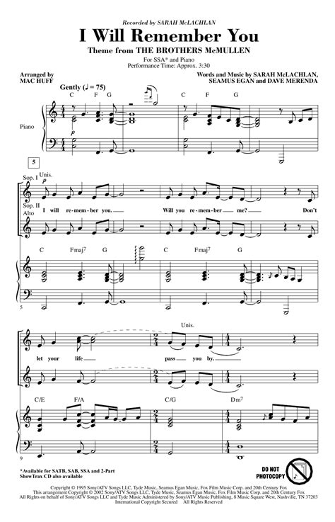 Sarah Mclachlan I Will Remember You Sheet Music For Ssa Choir