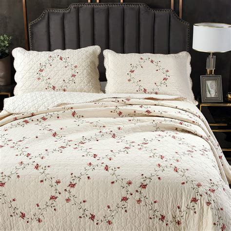 Vctops 3 Piece Elegant Floral Embroidered Bedspread Coverlet Set King