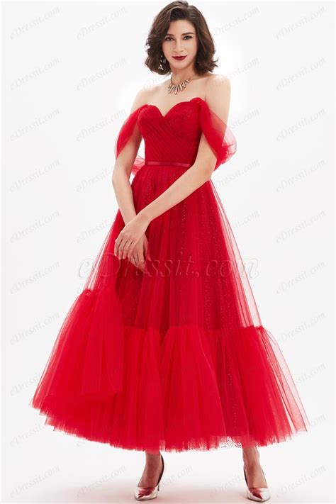 Red V Cut Off Shoulder Pleated Bodice Tulle Party Dress 04210302