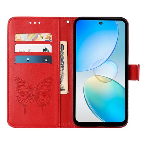 For Infinix Hot I X Embossed Butterfly Flip Leather Phone Case Red Alexnld