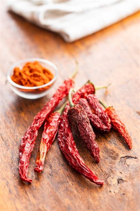 Dried Red Chili Peppers and Chili Powder Stock Image - Image of ripe ...