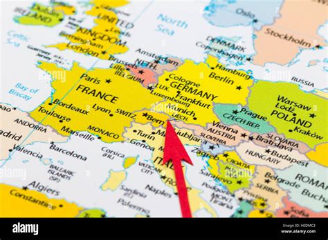 Red Arrow Pointing Lichtenstein On The Map Of Europe Continent Stock