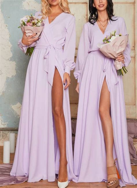 V Neck Long Sleeves A Line Chiffon Bridesmaid Dresses Missacc