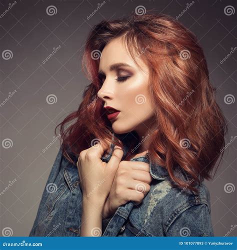 Portrait Of Woman With Long Curly Beautiful Ginger Hair Stock Image