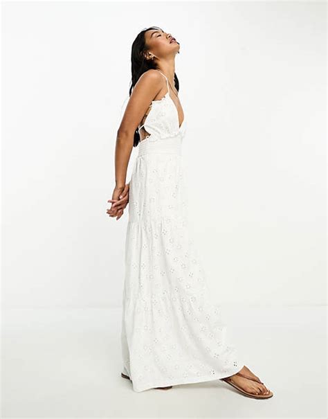 Asos Design Broderie Strappy Shirred Detail Tiered Maxi Dress In White