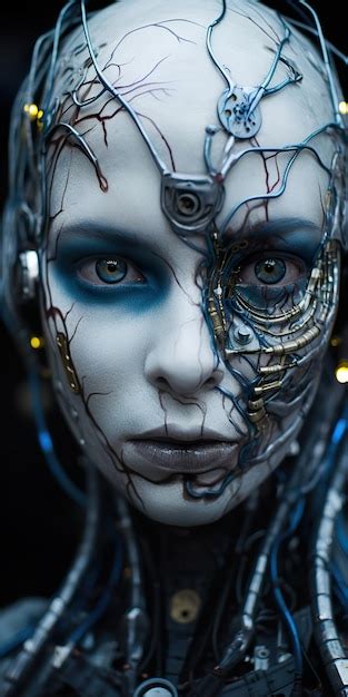 Premium AI Image | Silicon Robotic Human Face with Wires and Optical Fiber