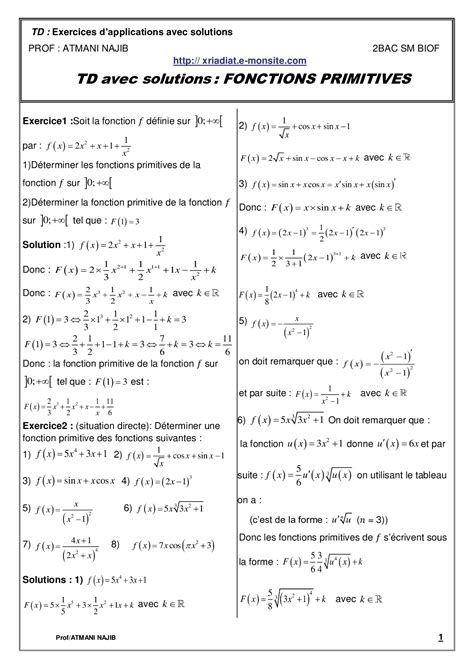 Fonctions primitives Corrigé série d exercices 1 AlloSchool