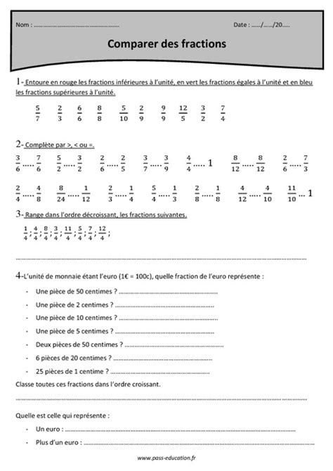 Comparer Des Fractions Cm Exercices Corrig S Pass Education