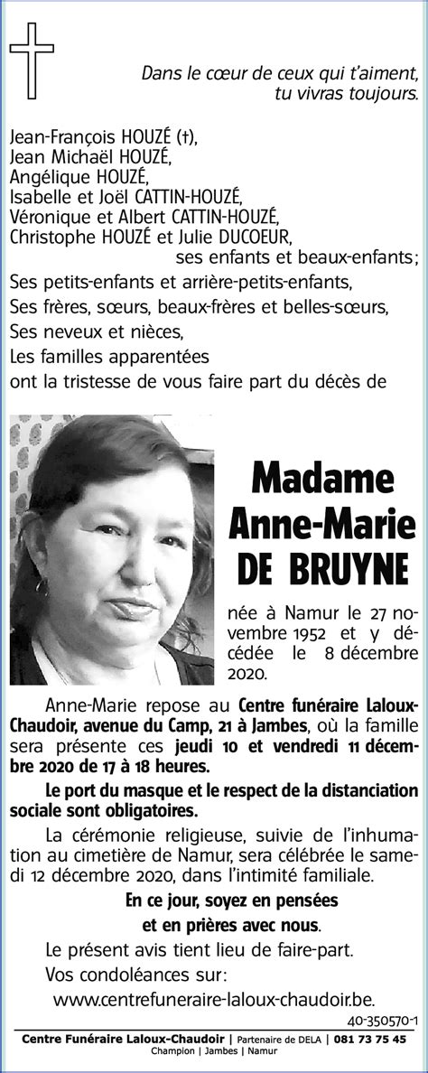 Avis De Décès De Anne Marie De Bruyne Décédé Le 08 12 2020 à Namur