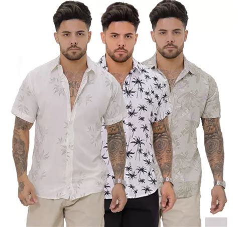 Kit 3 Camisa Social Floral Florida Masculina Havaiana Estamp