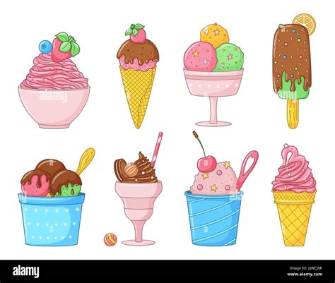 Set Of Cartoon Colored Doodle Ice Cream Collection Of Different Types