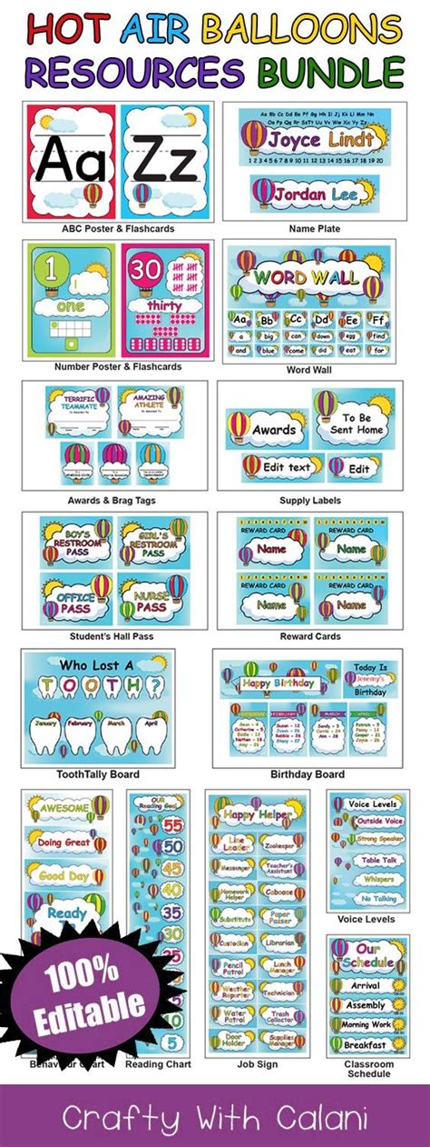 Mix Match Hot Air Balloons Classroom Decor Bundle Editable Hot Air Balloon