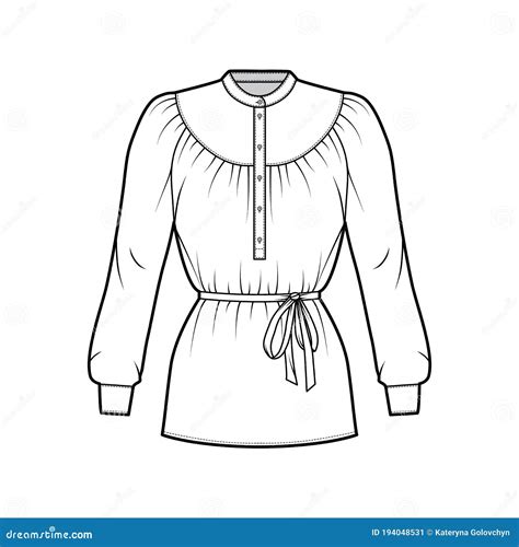 Belted Gathered Blouse Technical Fashion Illustration With Long Sleeves