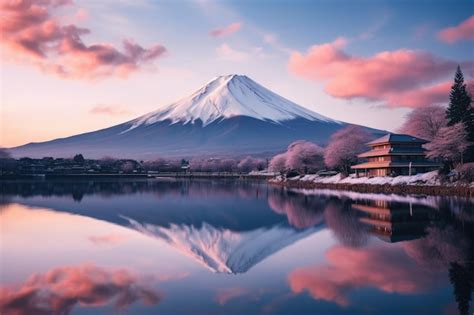 Monte Fuji Flores De Cerejeira No Lago Kawaguchiko No Jap O Uma