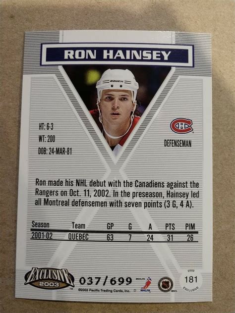 2002 03 Pacific Exclusive Blue 181 Ron Hainsey 699 RC For Sale