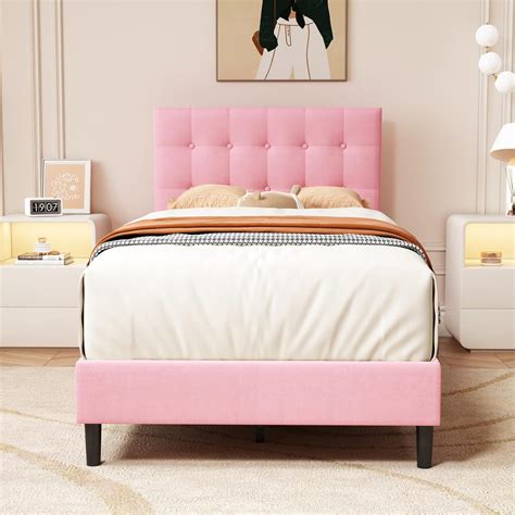 Alazyhome Twin Size Upholstered Platform Bed Frame With Button Tufted Velvet Headboard Pink