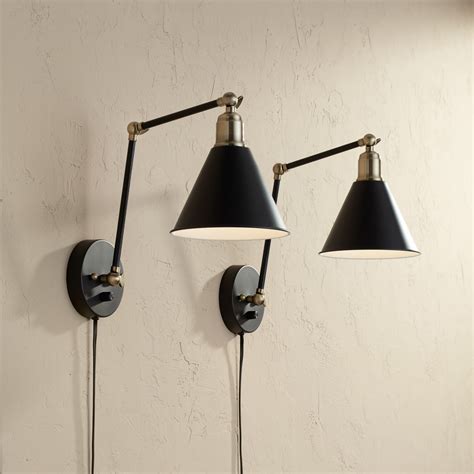 360 Lighting Modern Wall Lamp Plug-In Set of 2 Black and Antique Brass ...