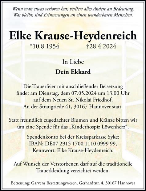 Traueranzeigen Von Elke Krause Heydenreich Trauer Anzeigen De