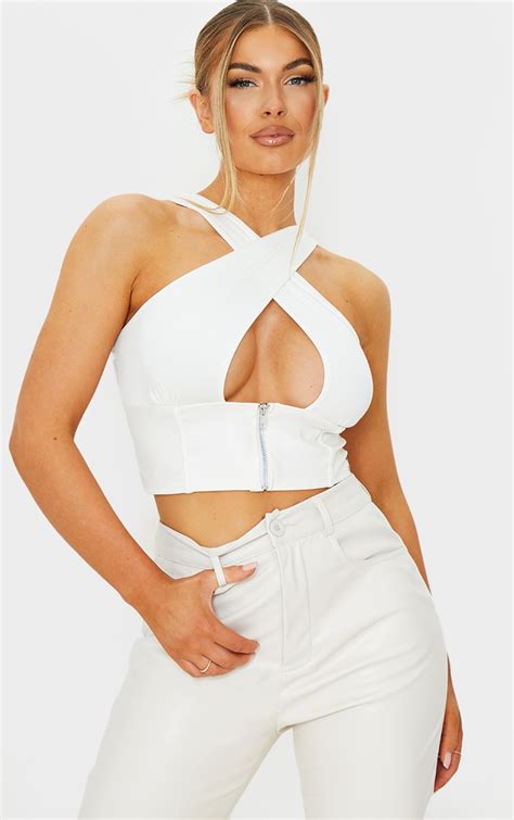 White Pu Underbust Halterneck Strap Crop Top Tops Prettylittlething Usa