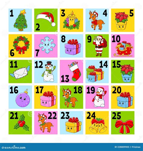 Christmas Advent Calendar With Cute Characters Santa Claus Deer