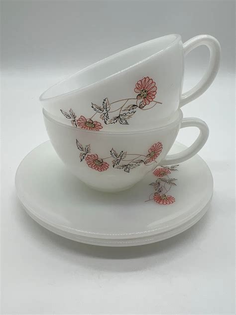 Vintage Fire King Milk Glass Tea Cup And Saucer Set Fleurette Pattern