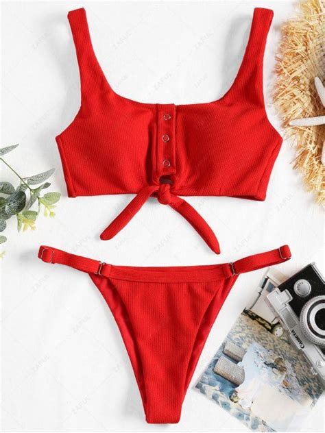 25 OFF 2022 Adjustable Textured Knot Bralette Bikini Set In RED ZAFUL