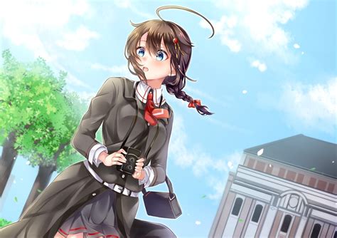 Safebooru 1girl Ahoge Bag Black Skirt Blue Eyes Braid Brown Hair Camera Casual Commentary