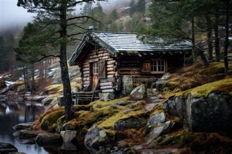 Secluded Log Cabin By The Lake In Misty Woods Stock Illustration