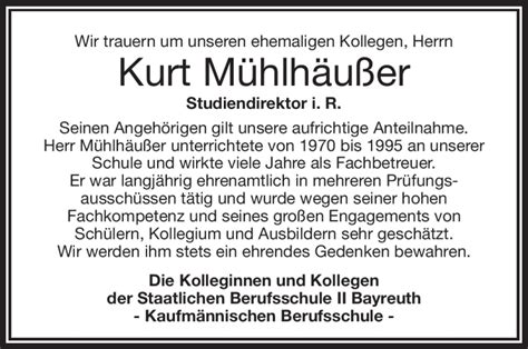 Traueranzeigen von Kurt Mühlhäußer Nordbayerischer Kurier