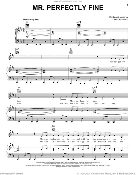 Mr Perfectly Fine Taylors Version From The Vault Sheet Music For