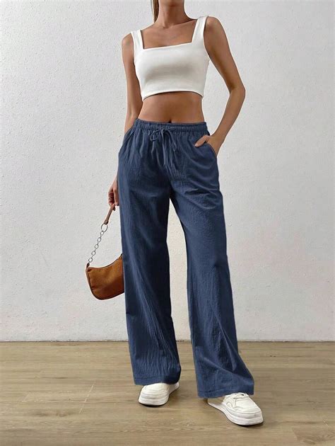 Shein Ezwear Pantalon Ample Bleu Marine Taille Ajustable Avec Cordon