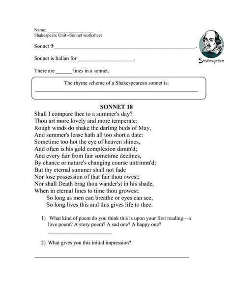 Understanding Shakespeare Sonnet 18 Worksheet Answers Studying Worksheets