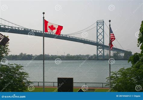 Ambassador Suspension Bridge And Flags May 24 2007 In Windsor On Canada Editorial Photography