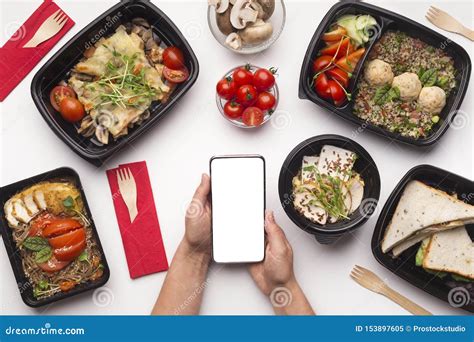 Healthy Restaurant Food Delivery in Your Cellphone Stock Image - Image ...