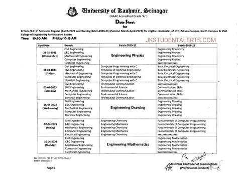 Kashmir University B Tech B E 1st Semester Exam Date Sheet 2023