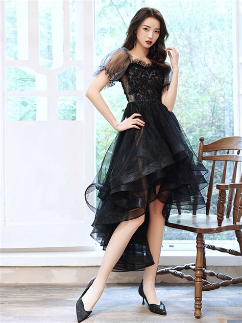 Black Tulle High Low Prom Dress Black Lace Homecoming Dress Dresstby