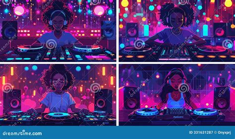 Female Dj Cartoon Vector Scenes Dark Skinned Woman Headsets Listening