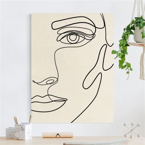 Line Art Portrait Frau Schwarz Wei Leinwandbild Gold Im Hochformat