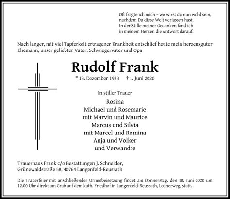 Alle Traueranzeigen F R Rudolf Frank Trauer Rp Online De