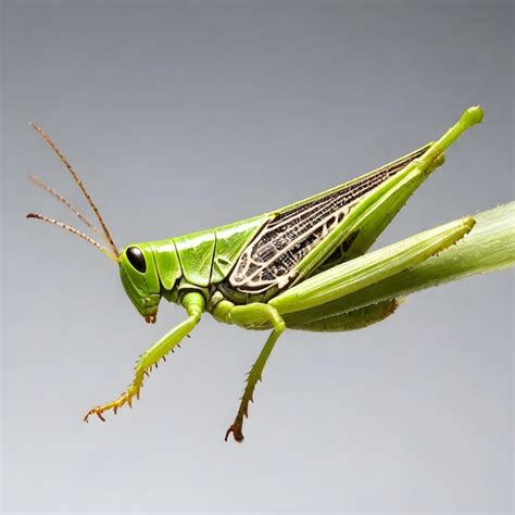 Un Saltamontes Verde Con Una Cara Negra Y Un Fondo Blanco Foto Premium