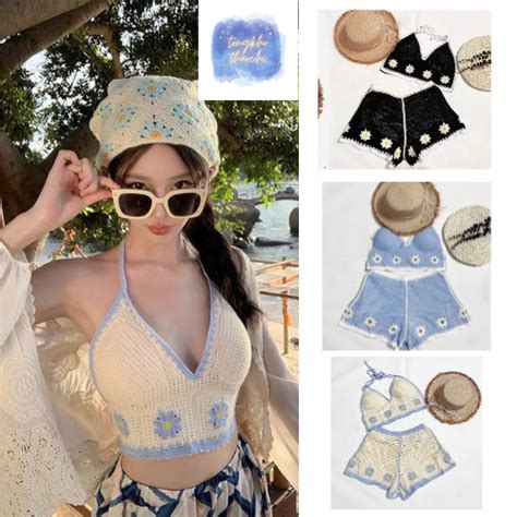 Set Bikini Áo Bra Đi Biển Phối Viền Hoa Dành Cho Các Nàng Diện Đi Biển