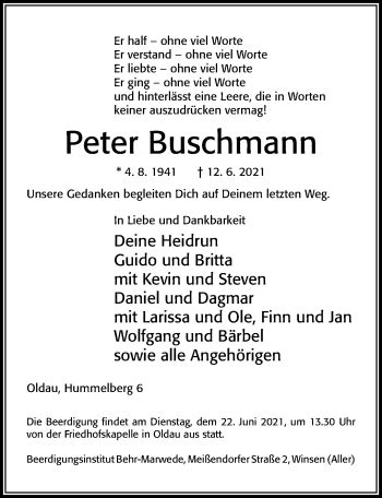 Traueranzeigen Von Peter Buschmann Trauerportal Der Celleschen Zeitung