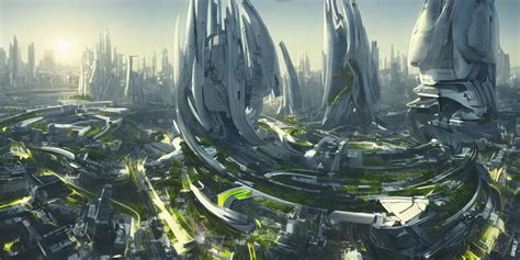 Futuristic Utopian City Central Hub White Buildings Stable