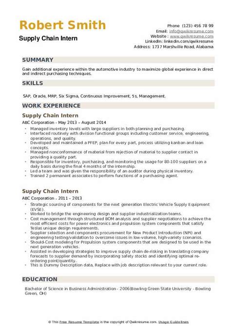 Supply Chain Intern Resume Samples 2022