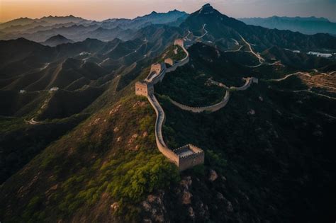 premium photo aerial drone shot   chinese great wall  sidelight