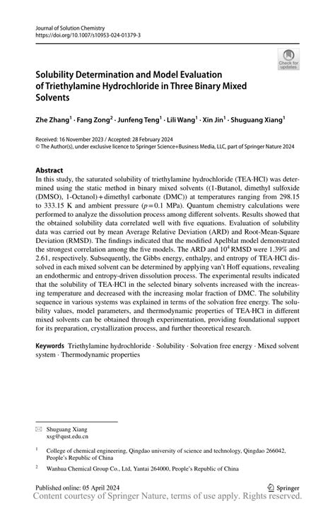 Solubility Determination And Model Evaluation Of Triethylamine