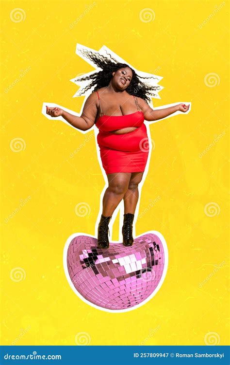 Vertical Creative Collage Image Of Positive Young Oversize Thick Woman