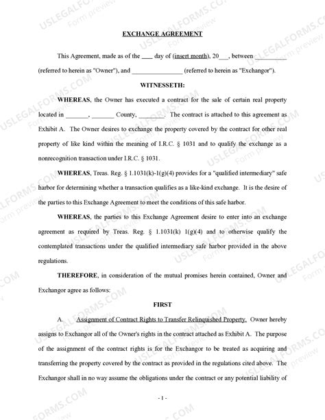 Exchange Agreement for Real Estate - 1031 Exchange Agreement Form