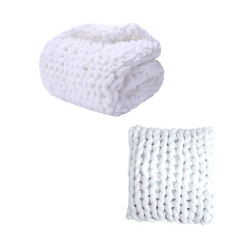 Super soft Luxury Chunky Knit Throw Blanket and Cushion Bundle - White ...