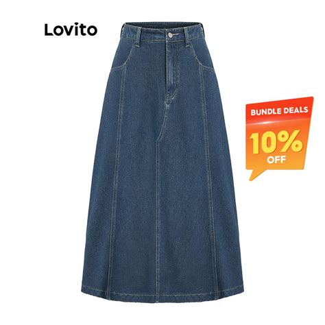 Lovito Casual Plain Pocket Basic Women Denim Skirt L37AD066 Blue